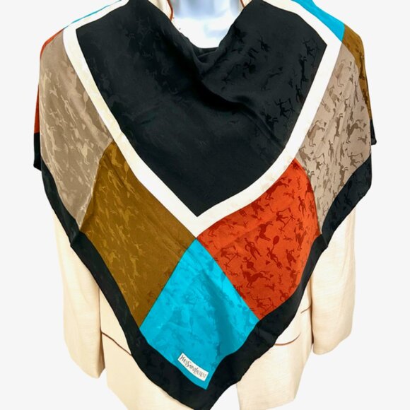 Yves Saint Laurent YSL 100% Silk Satin Scarf 34" Color Block BlackBrown Blue (76 - Picture 2 of 16